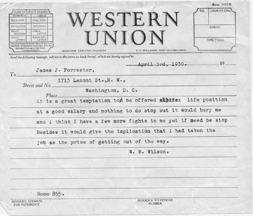 Western Union Reply from W.B. Wilson